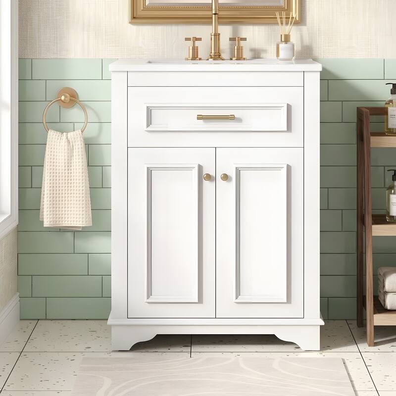 24" Bathroom Vanity with Integrated Ceramic Sink, Bathroom Cabinet with 2 Doors