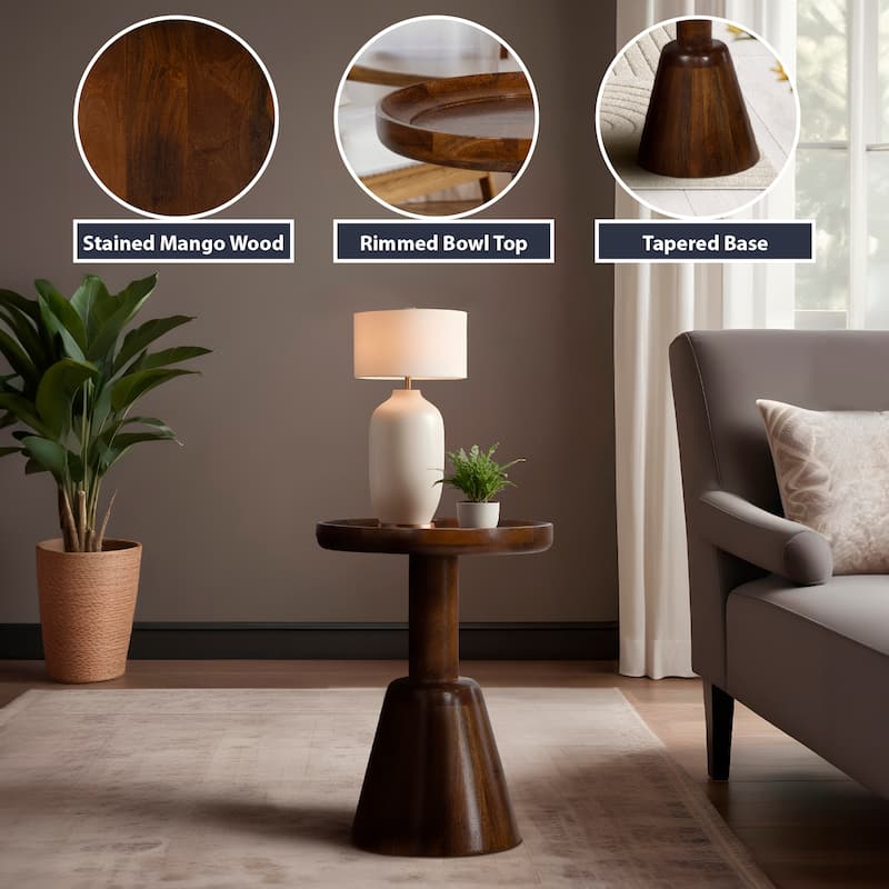 Solid Mango Wood Round Accent Side Table - Rimmed Bowl Top, Tapered Base, Dark Finish, Fully Assembled