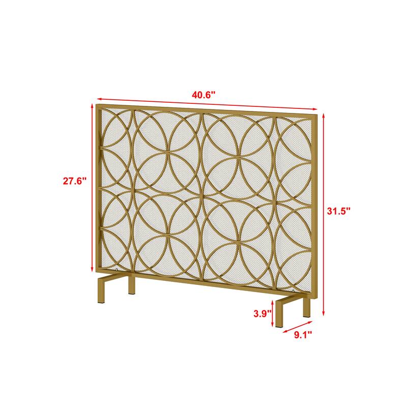 Gold Metal Fireplace Screen, Decorative Single Panel Fire Screen with Geometric Design, Mesh Spark Guard