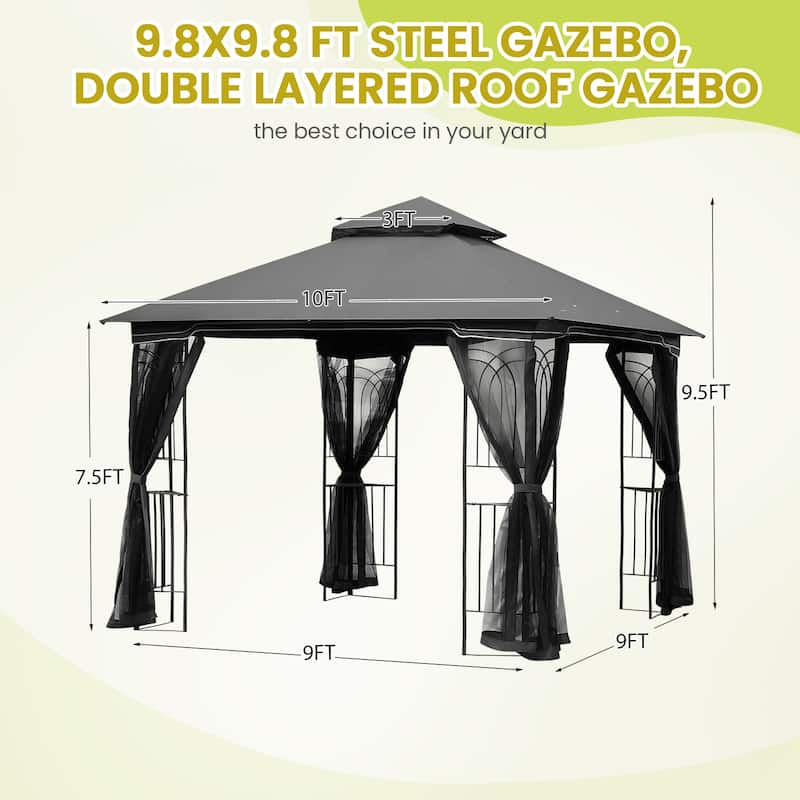 9'X9' Outdoor Steel Gazebo, Double Roof Patio Canopy with Netting, Curtains & Hanging Hooks for Backyard Deck Garden