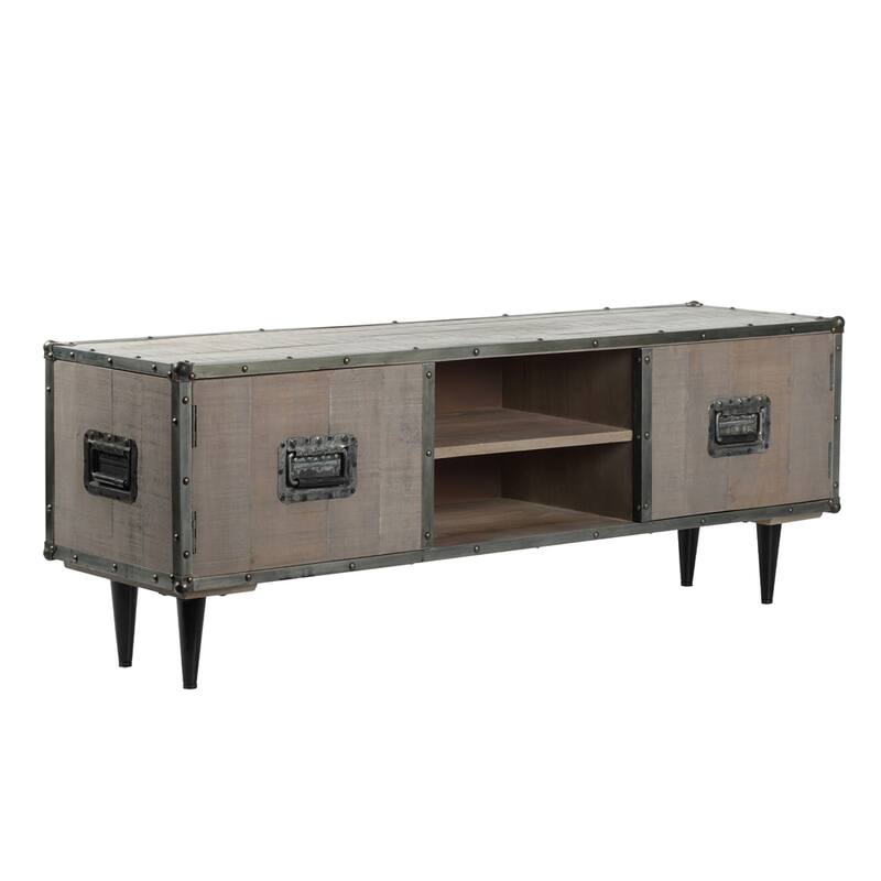 ExBrite Solid Wood Media Console 2 Doors Back Black Metal Legs for TV Table Bench Stand,Gray Wash Finish - 59" x 16" x 21"