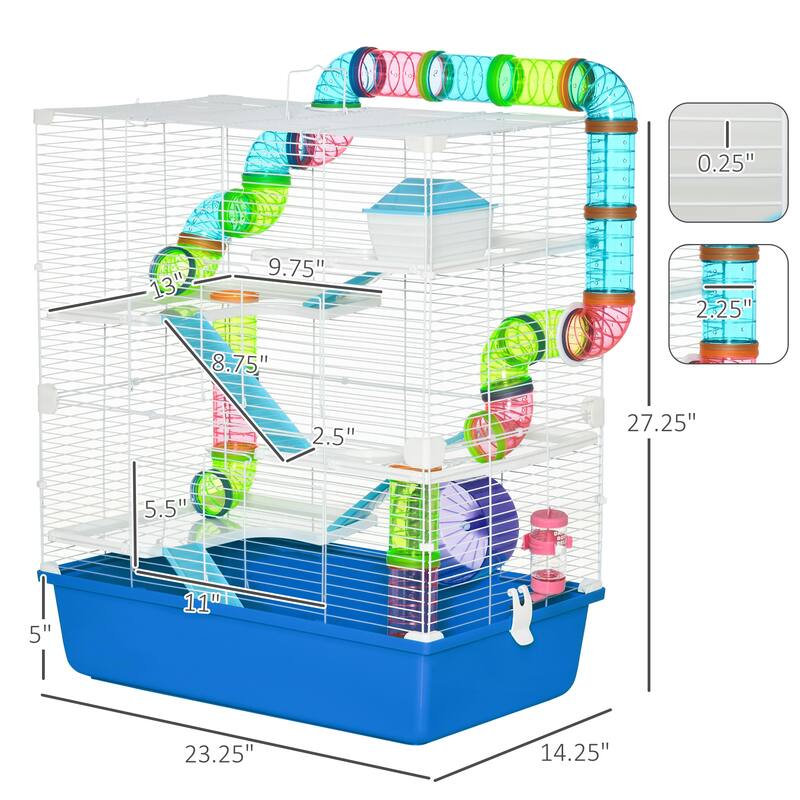 PawHut Extra Large 23" Hamster Cage with Tubes and Tunnels, Portable Carry Handles, Rat House and Habitats Big 5-Tier Design
