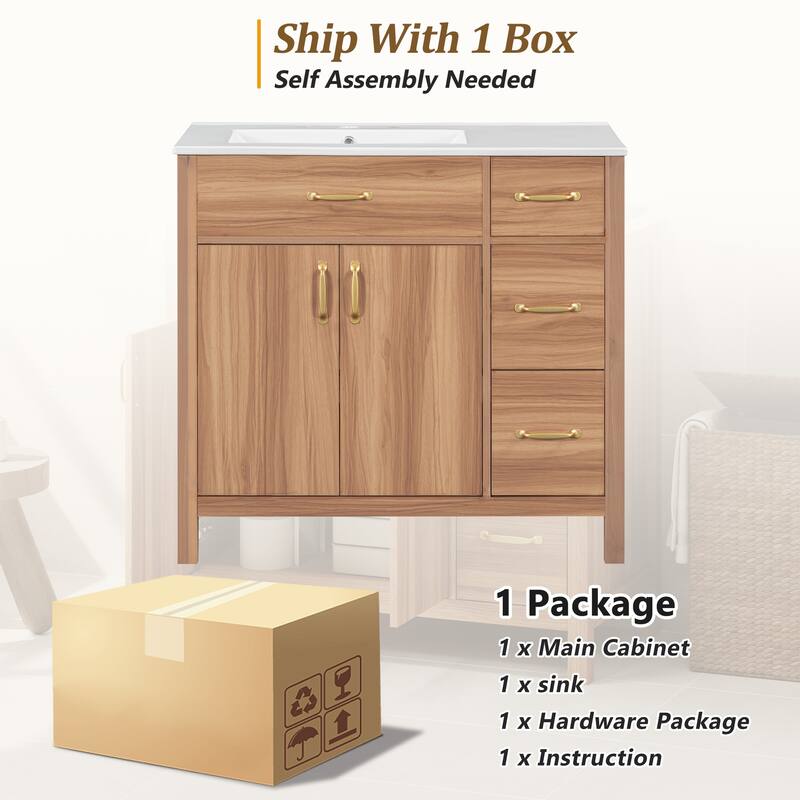Solid Wood Frame Bathroom Vanity Cabinet with Undermount Ceramic Sink, 3 Drawers & Adjustable Shelf for Small Bathrooms, 36 Inch