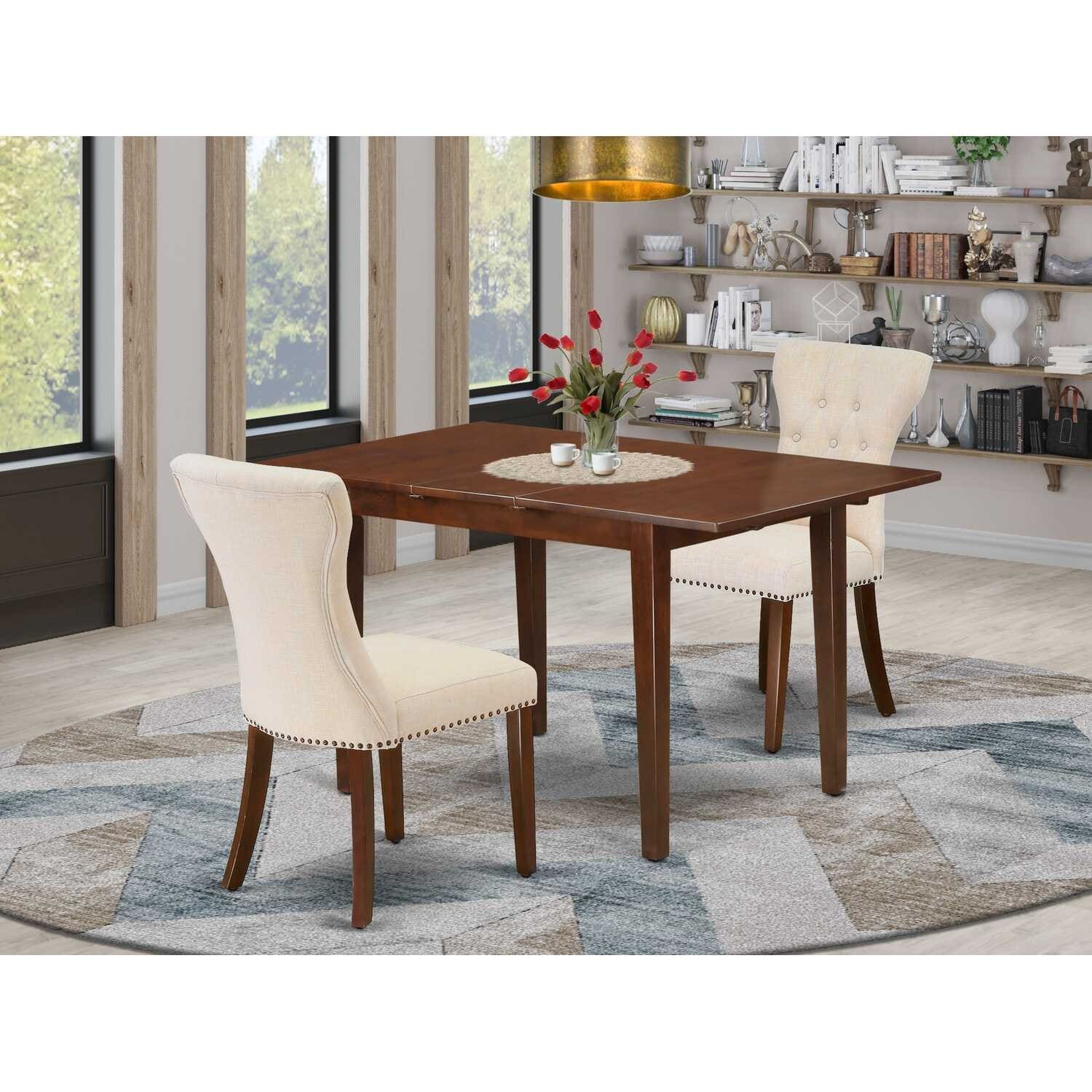 HomeStock 3-Pc Mahogany Finish Rectangular Solid Wood Top With Butterfly Leaf Dining Table Set