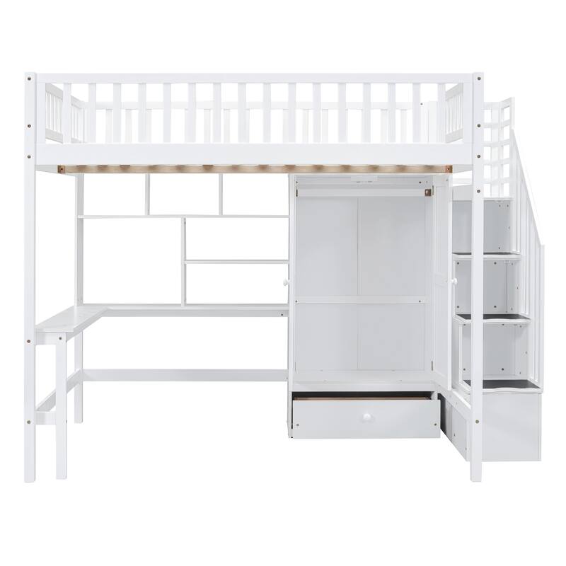 Full Size Loft Bed with Bookshelf, Drawers, Desk, and Wardrobe in White