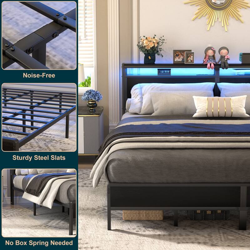 Farmhouse Wood Platform Bed Frame with Charged Station and LED Lights