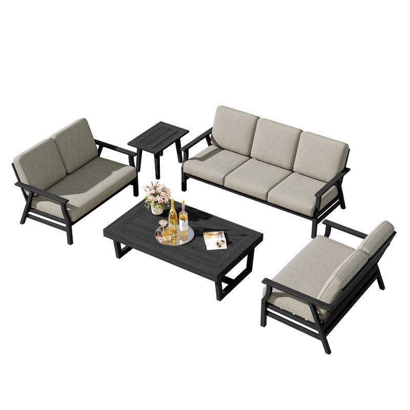 Teak Outdoor Seating Set with Daybed & Tables.