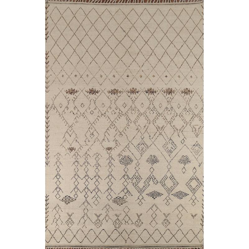 Ivory Trellis Moroccan Area Rug Handmade Wool Carpet - 8'1"x 11'8"