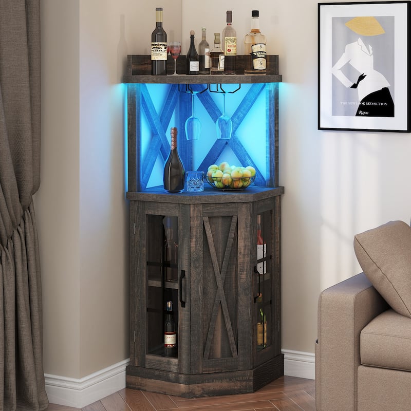 72" Tall Farmhouse Corner Bar Cabinet with Glass Door & LED Lights