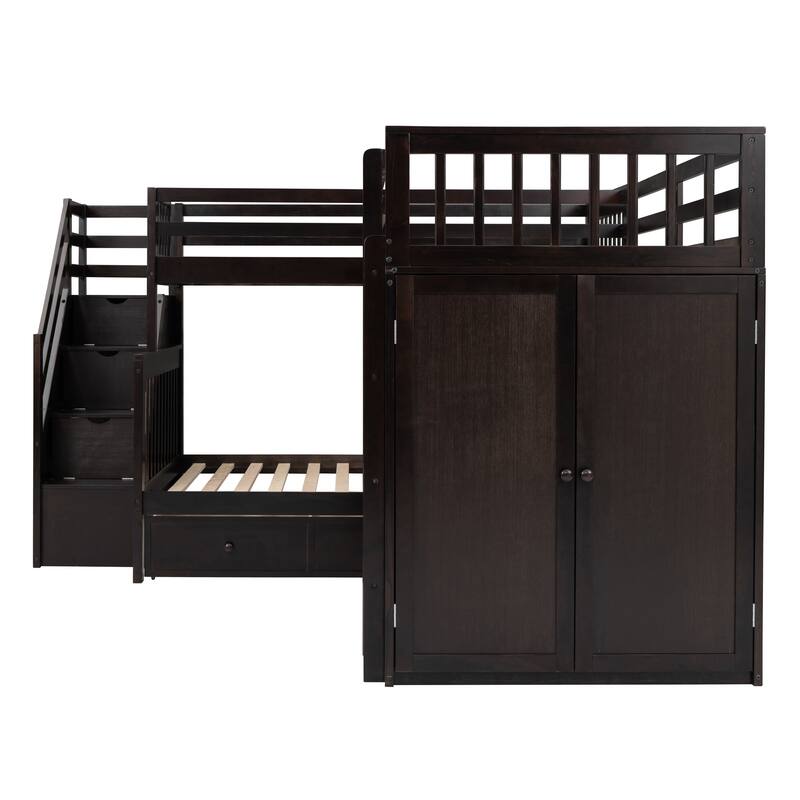 L-Shaped Triple Bunk Beds with Desk & Stairs, Twin & Twin Over Full Wood Bunk Bed Frame with Storage Drawers & Wardrobe Included