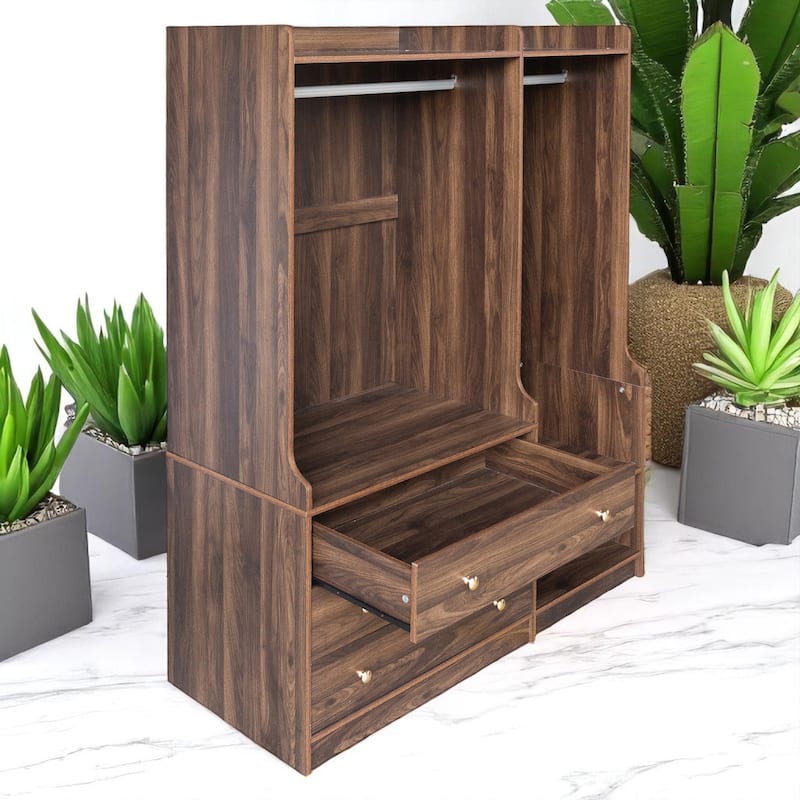 Open Wardrobe Closet with Dual Hanging Rods, 5 Shelves, and 3 Drawers, 52.4" Wide Bedroom Storage Organizer