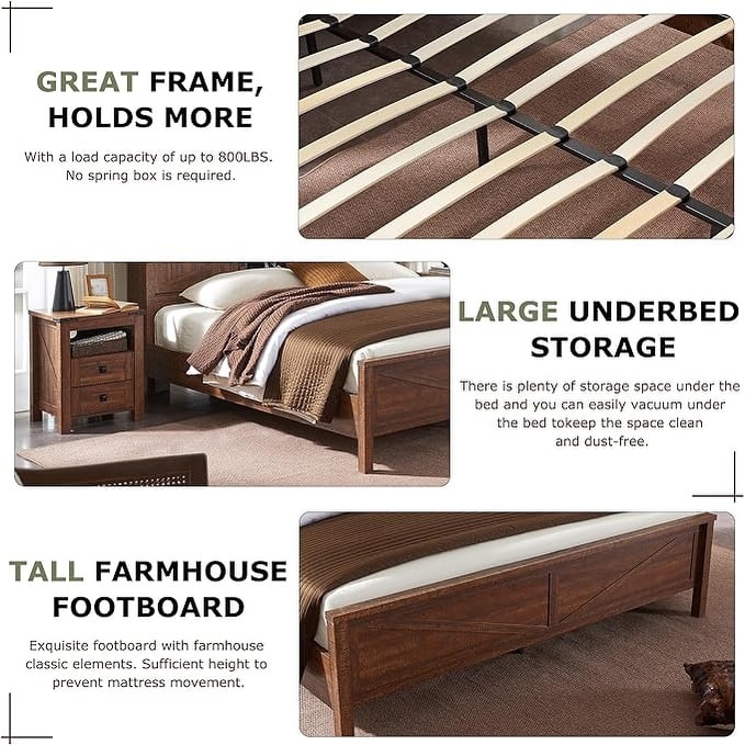 Farmhouse Full Size Bed Frame with Storage Shelves & Charging Station