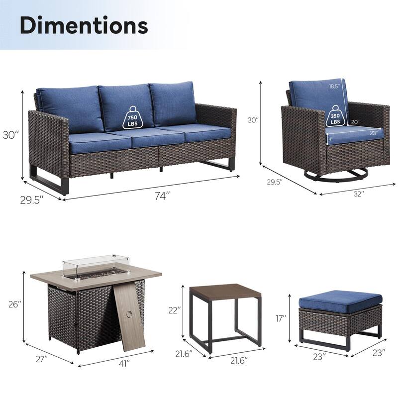 Outdoor Sofa Chairs Ottomans and Fire Table Brown-Blue - Brown