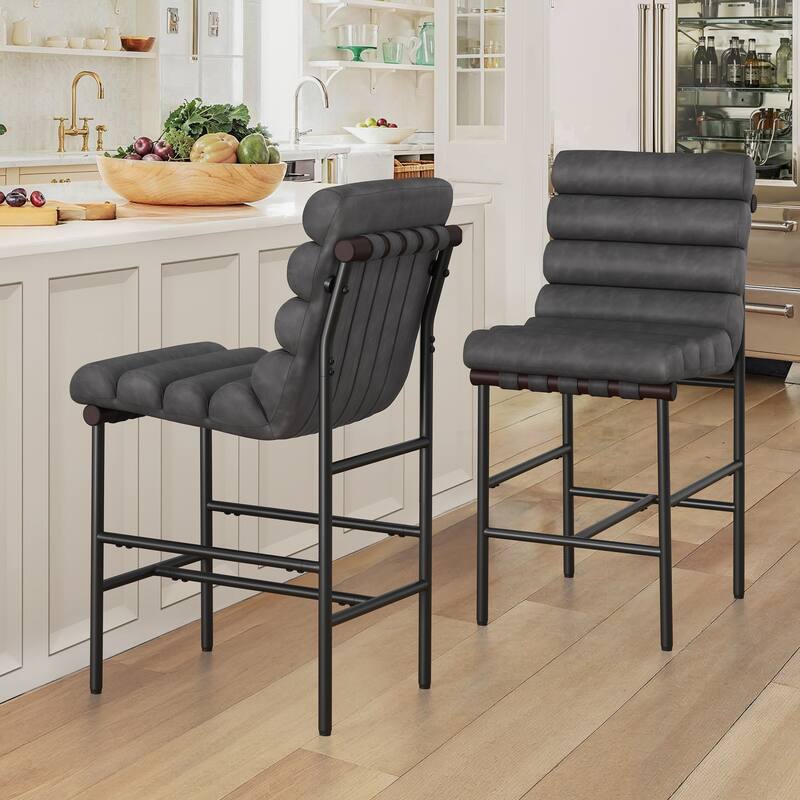 26" Counter Height Solid Wood and Metal Frame Barstool Upholstered Back Bar Stool for Kitchen Island - Grey/Faux Leather - Set of 2