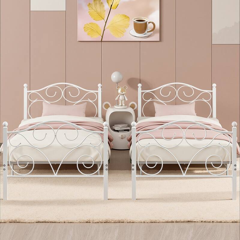 Javlergo 2-Pack Twin Size Victorian Metal Bed Frame for Kids with Headboard & Footboard No Box Spring Needed - White