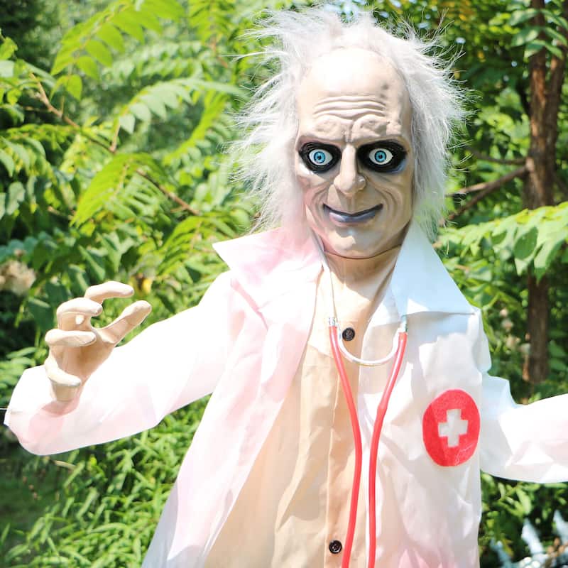 Haunted Hill Farm 5.4-Ft. Animatronic Doctor, Indoor/Covered Outdoor Halloween Decoration, Red LED Eyes, Laughing