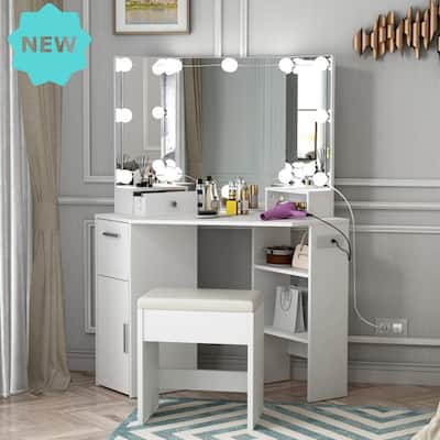 White Corner Vanity Table with LED Mirror, Drawers, Stool, Power Outlet