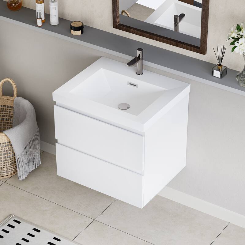 24" Wall-Mounted Floating Bathroom Vanity with Resin Sink, Soft Close Drawers, Natural Oak Cabinet, Pre-Assembled