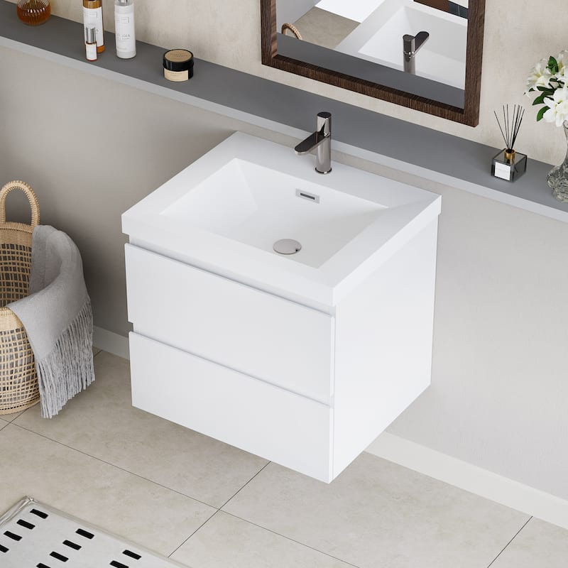 24"Bathroom Vanity with Sink,Wall-Mounted Bathroom Storage Vanity Cabinet with Resin Top Basin and Soft Close Drawers