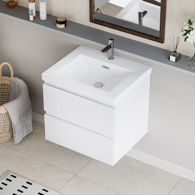 Single Sink Floating Bathroom Vanity in White with White Resin Sink and Two Drawers, Pre-assembled