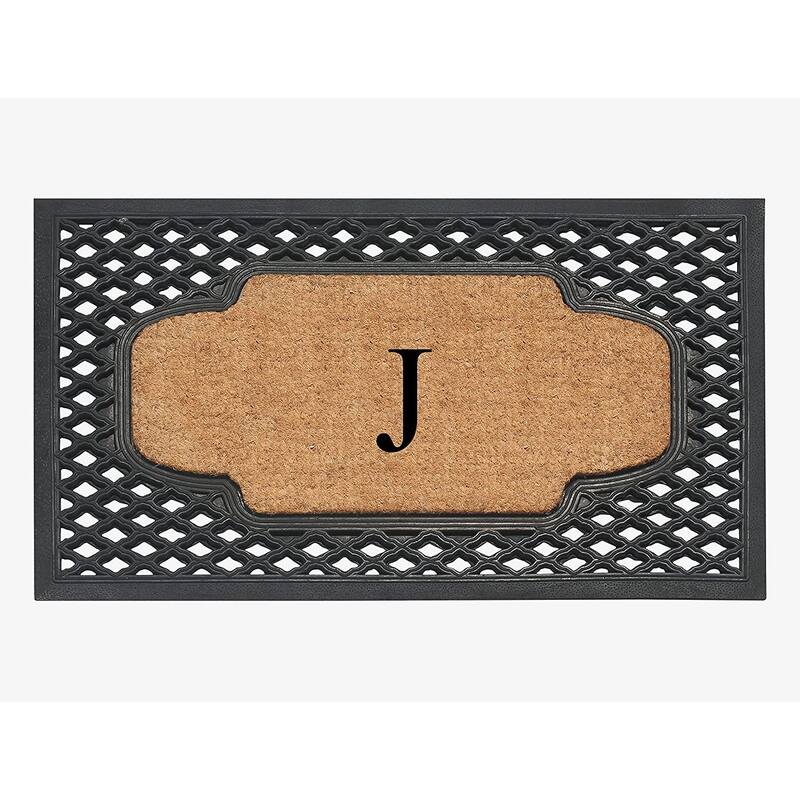 A1HC Mesh Border Rubber and Coir Large Heavy-Duty Outdoor Monogrammed Doormat, 23"X38" Black - J - Black