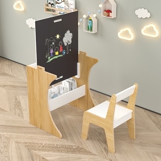 Kids Table Set with One Chair, Multifunctional Wooden Children Study Table-Convertible Tabletop for Study, Drawing & Play