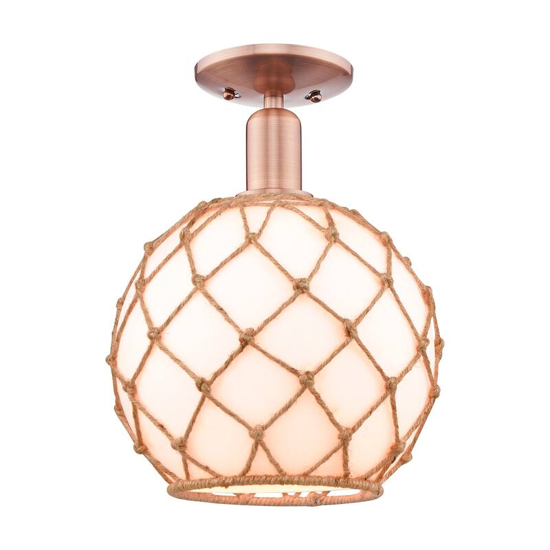 Innovations Lighting 716-1C-14-10 Farmhouse Rope Semi-Flush Farmhouse - Antique Copper / White Glass with Brown Rope