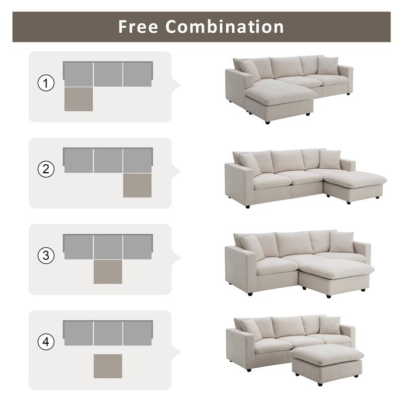 4-Seat Polyester L-Shaped Sectional Sofa with Convertible Ottoman