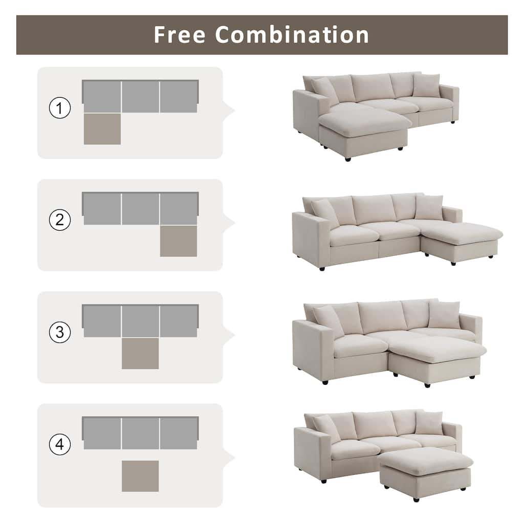 L-shaped Modern Sectional Sofa, 2 Free pillows,Polyester Fabric Couch Set,Ottoman,Beige