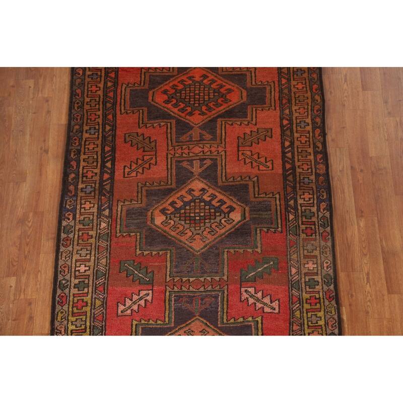 Hamedan Persian Vintage Runner Rug Handmade Wool Carpet - 3'8"x 9'5"