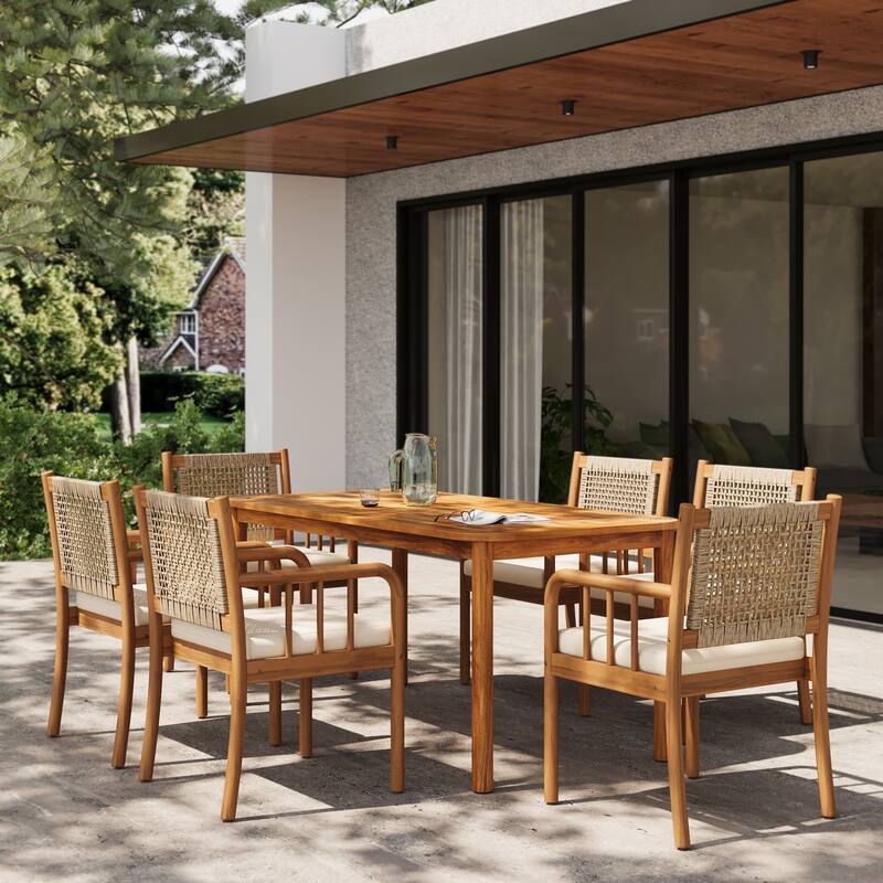 Christopher Knight Home - Porto Outdoor Acacia Wood 7-Piece Dining Set with Rattan Back Chairs & 66.25" Solid Wood Dining Table - Cream+Light Brown+Teak Finish