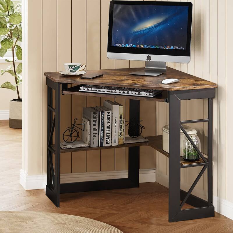 VECELO Triangular Corner Desk with Keyboard Tray Space Saving Metal Computer Desk for Home Office Study Bedroom