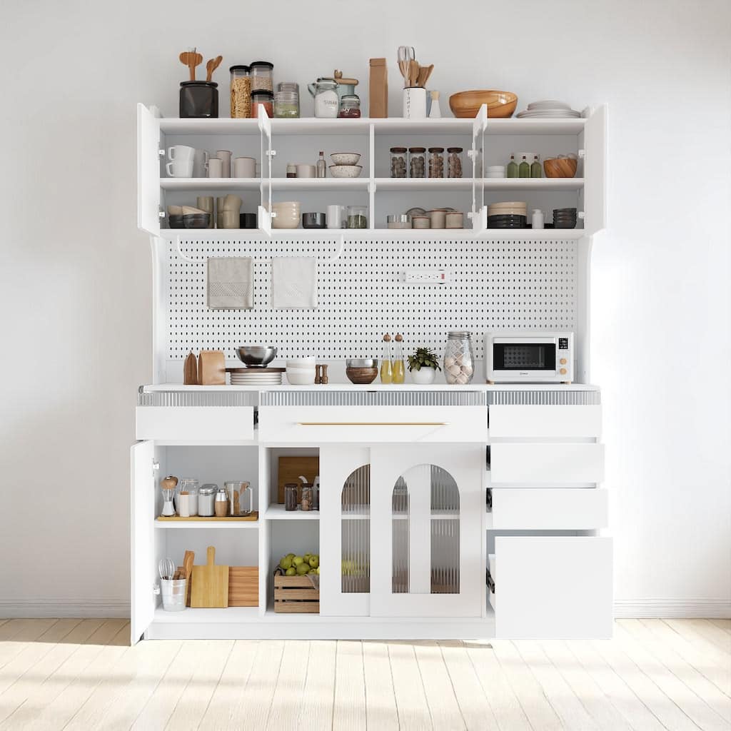 63" Freestanding Kitchen Buffet Cabinet with Hutch, 6 Drawers, Adjustable Shelves, Pegboard, Towel Rack and Outlet
