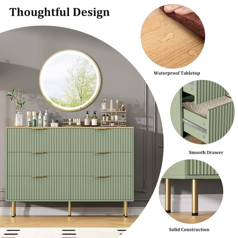 6 Drawers Dresser for Bedroom, Fluted Dresser Chest of Drawers with Handle, Wood Modern Dressers for Closet