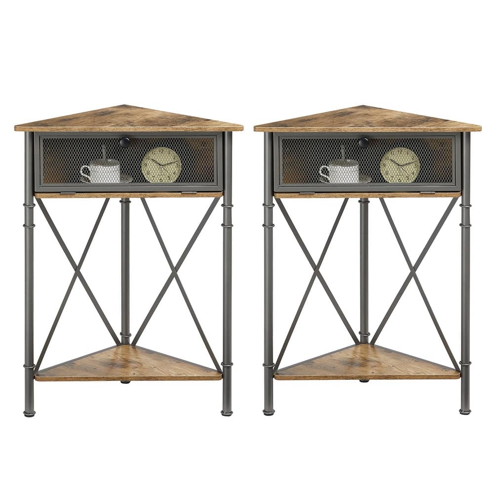 Javlergo Set of 2 Triangle Corner Side Table with Mesh Flip Top Storage Stable X-Frame Corner Table for Small Spaces