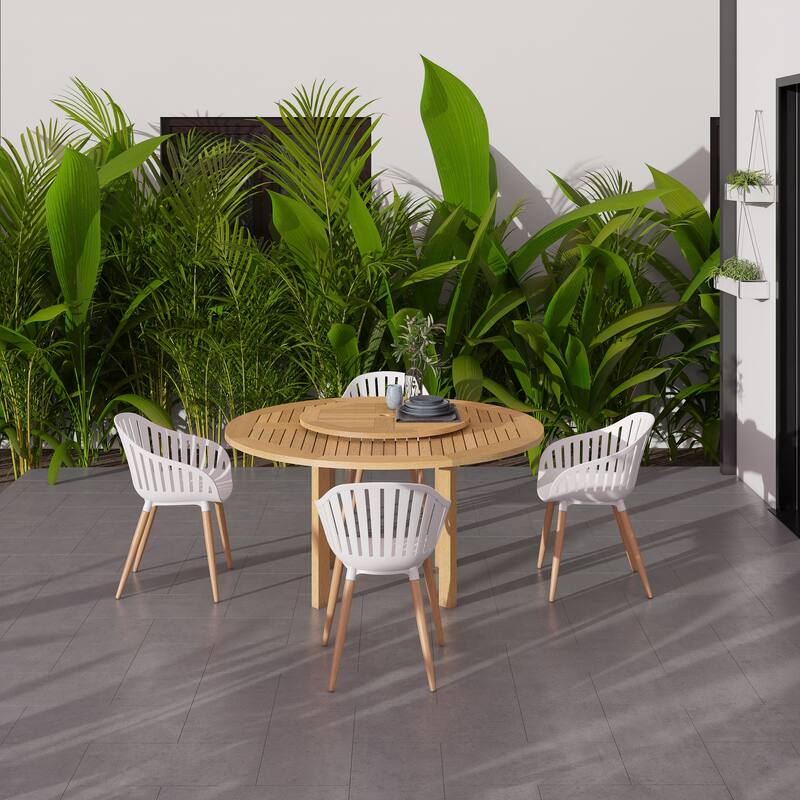 Amazonia Rubi Lazy Susan Outdoor Wood Patio Dining Set - White Chairs - 5PC