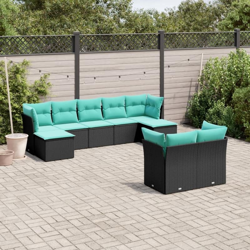 vidaXL 9 Piece Patio Sofa Set with Cushions Black Poly Rattan - Black - 24.4x27.2x24.4-Without table