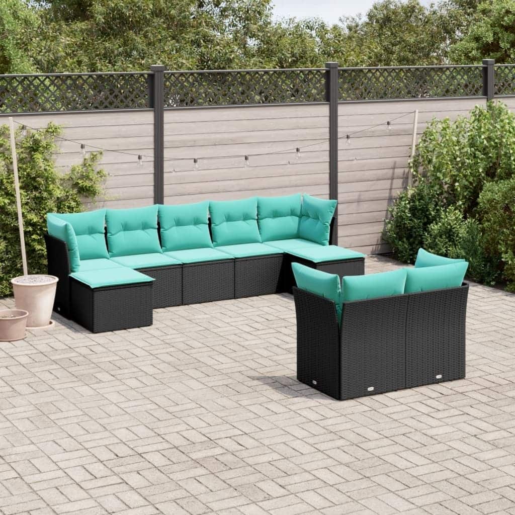 vidaXL 9 Piece Patio Sofa Set with Cushions Black Poly Rattan