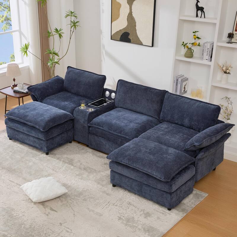 U-Shaped Chenille Modular Sofa with Bluetooth Speakers, Wireless Charging, Storage Console, 2 Cup Holders & Movable Ottoman