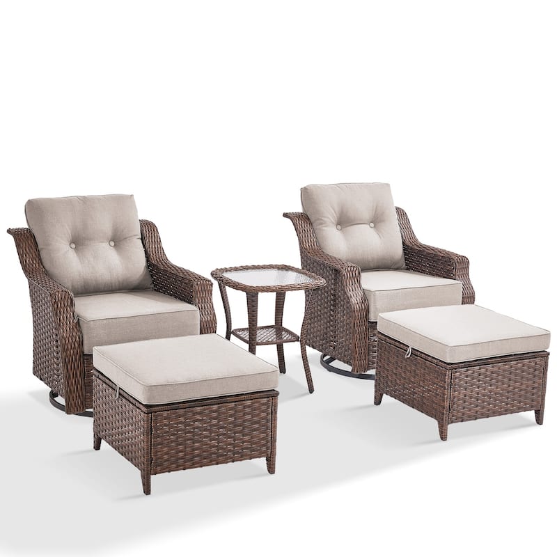 3 Pieces Swivel Chairs Ottomans with Table - Beige Cushion - Brown
