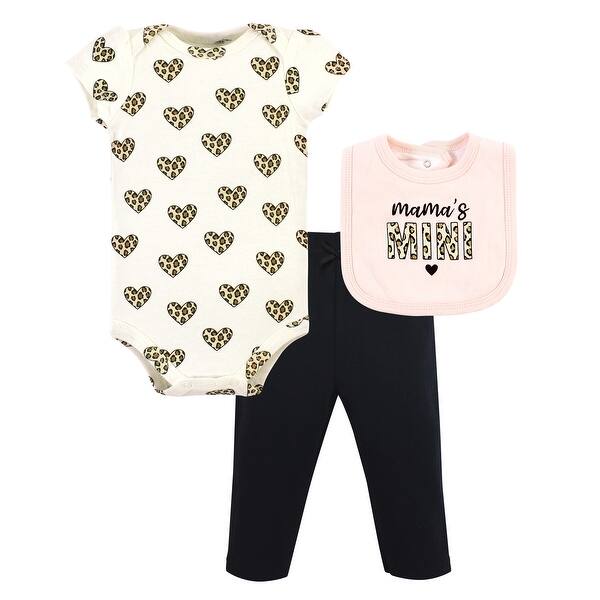 slide 1 of 1, Hudson Baby Infant Girl Cotton Bodysuit, Pant and Bib Set, Leopard Hearts 0-3 Months - Leopard Hearts
