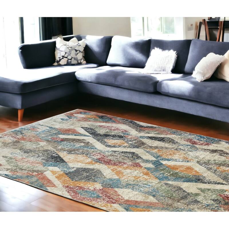 Cexox Distressed Geometric Modern Stain Resistant Woven with Fringe Area Rug By HomeRoots - 150' X '110' X '0.39 - Cream/Onyx - Rectangle