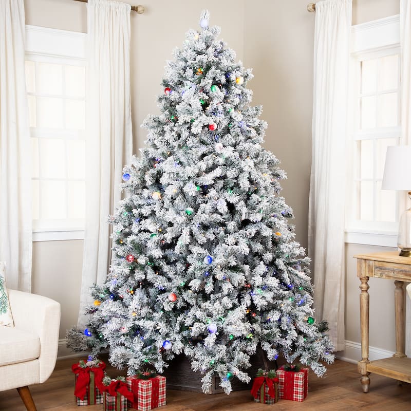 Pre-Lit Full Flocked Glacier Pine Artificial Christmas Tree - 7.5' Multi LED - 7.5 Foot