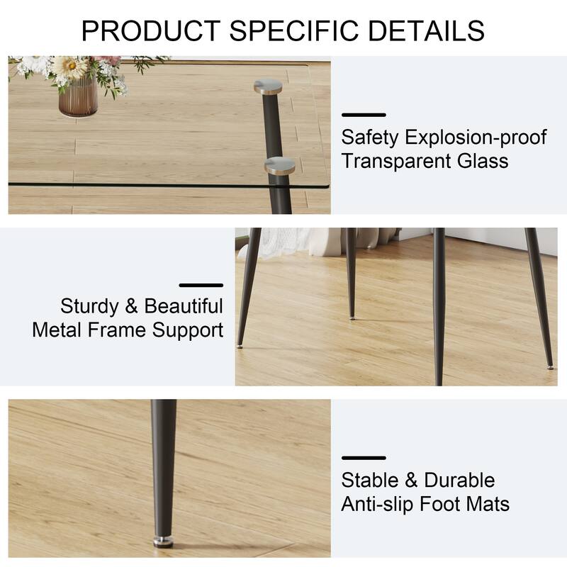 Modern Rectangular Glass Dining Table, Suitable For 4-6 People, Equipped With Tempered Glass Tabletop And Metal Legs