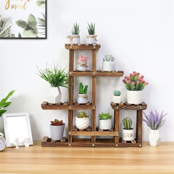 6 Tiered Succulent Plant Stand Pine Wood Window Shelf for Small Flower Pots - Brown