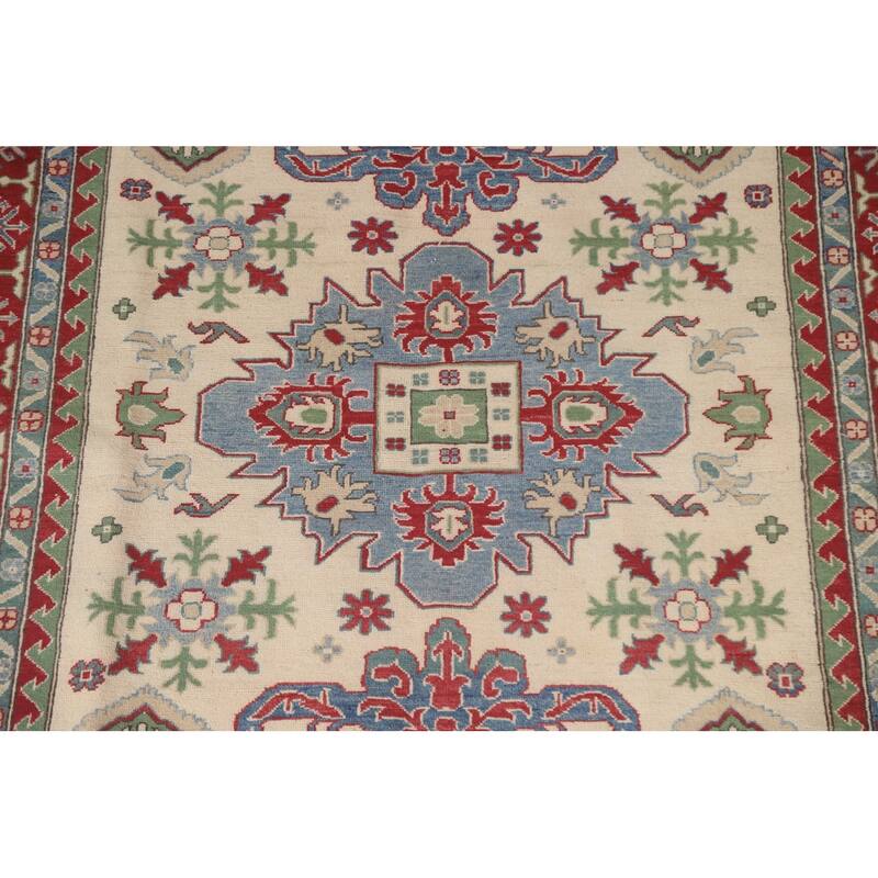 Hand Knotted Oriental 100% Wool Carpet Traditional Geometric Beige & Ivories Kazak Area Rug - 9' 9'' X 6' 7''