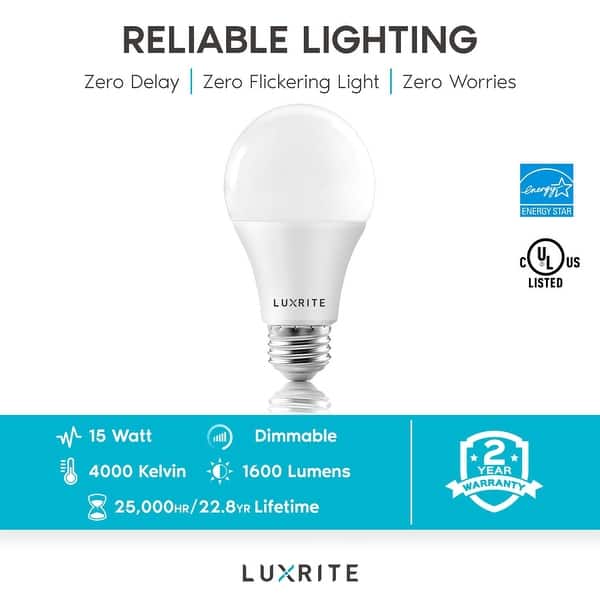 Luxrite A19 Led Light Bulbs 100w Equivalent Dimmable 1600 Lumens Enclosed Fixture Rated Energy Star E26 Base 4 Pack On Sale Overstock