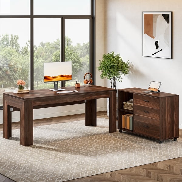 slide 2 of 24, 63" L Shaped Executive Office Desk with Mobile Lateral File Cabinet Walnut & Brown