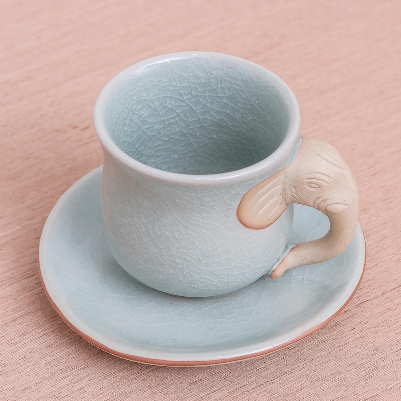 Novica Handmade Elephant Gaze Celadon Ceramic Cup And Saucer