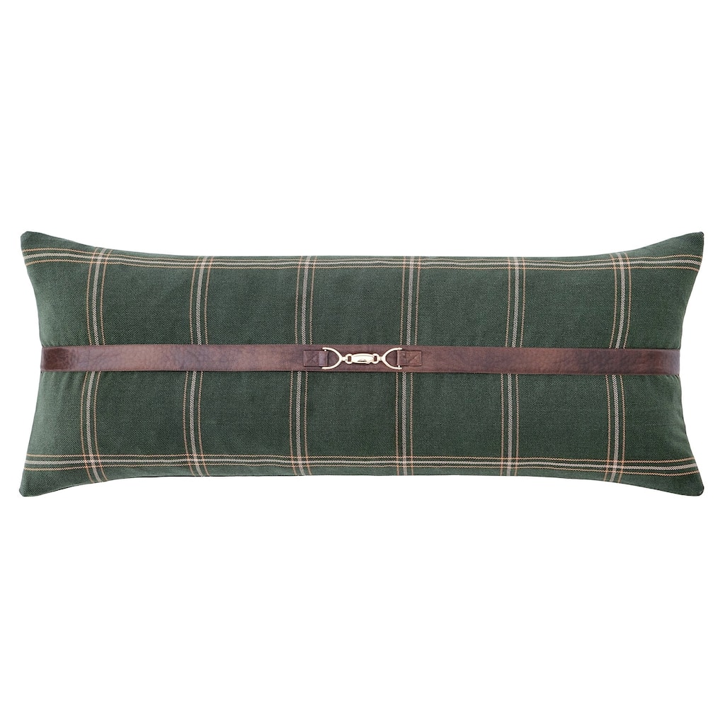 HiEnd Accents Windowpane Plaid Green Modern Rustic Bedding Buckle Detailed Lumbar Pillow, 14x36 inch